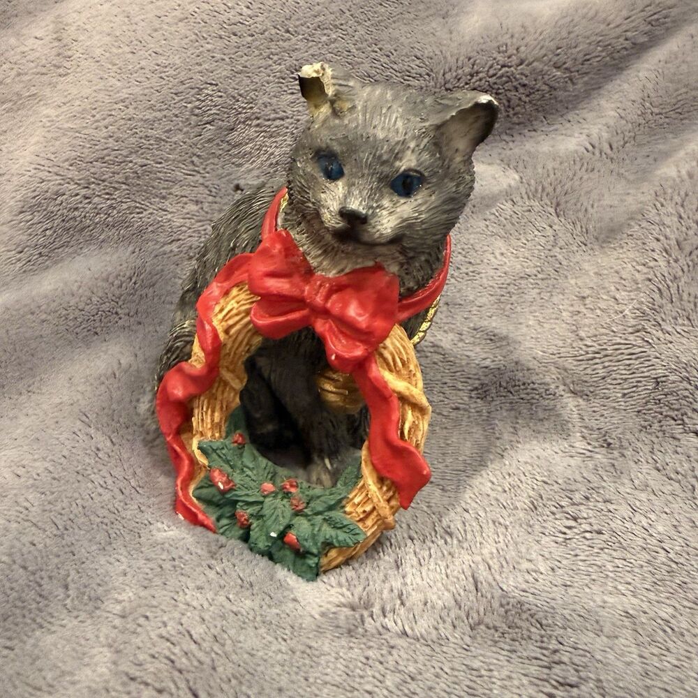 Tom Rubel Christmas Animals Cat Silver Deer Red Ribbon Resin Figurine Vintage